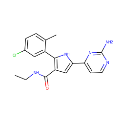 CCNC(=O)c1cc(-c2ccnc(N)n2)[nH]c1-c1cc(Cl)ccc1C ZINC000203539787