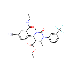 CCNC(=O)c1cc(C#N)ccc1[C@@H]1C(C(=O)OCC)=C(C)N(c2cccc(C(F)(F)F)c2)C(=O)N1C ZINC001772606173