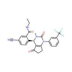 CCNC(=O)c1cc(C#N)ccc1[C@@H]1C2=C(CCC2=O)N(c2cccc(C(F)(F)F)c2)C(=O)N1C ZINC001772614798