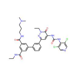 CCNC(=O)c1cc(C(=O)NCCCN(C)C)cc(-c2cccc(-c3cc(NC(=O)Nc4c(Cl)cncc4Cl)c(=O)n(CC)n3)c2)c1 ZINC000164075094