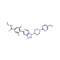 CCNC(=O)c1cc(C)c(-c2cc3nnn(C4CCN(c5ncc(CC)cn5)CC4)c3cn2)c(C)c1 ZINC001772631989