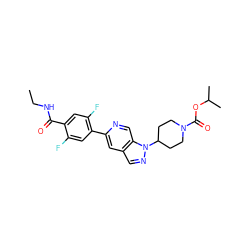 CCNC(=O)c1cc(F)c(-c2cc3cnn(C4CCN(C(=O)OC(C)C)CC4)c3cn2)cc1F ZINC000653859570