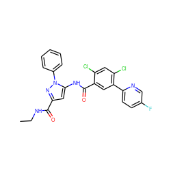 CCNC(=O)c1cc(NC(=O)c2cc(-c3ccc(F)cn3)c(Cl)cc2Cl)n(-c2ccccc2)n1 ZINC001772571538