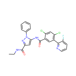 CCNC(=O)c1cc(NC(=O)c2cc(-c3ncccc3F)c(Cl)cc2Cl)n(-c2ccccc2)n1 ZINC001772600686