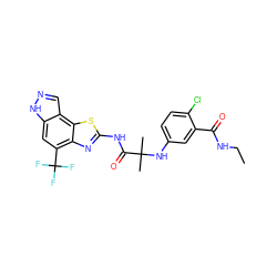 CCNC(=O)c1cc(NC(C)(C)C(=O)Nc2nc3c(C(F)(F)F)cc4[nH]ncc4c3s2)ccc1Cl ZINC000043178514