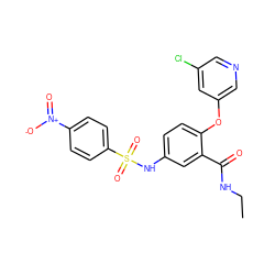 CCNC(=O)c1cc(NS(=O)(=O)c2ccc([N+](=O)[O-])cc2)ccc1Oc1cncc(Cl)c1 ZINC000095586646