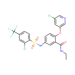 CCNC(=O)c1cc(NS(=O)(=O)c2ccc(C(F)(F)F)cc2Cl)ccc1Oc1cncc(Cl)c1 ZINC000095591215