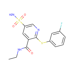 CCNC(=O)c1cc(S(N)(=O)=O)cnc1Sc1cccc(F)c1 ZINC000049125268