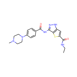 CCNC(=O)c1cc2[nH]nc(NC(=O)c3ccc(N4CCN(C)CC4)cc3)c2s1 ZINC000003819821