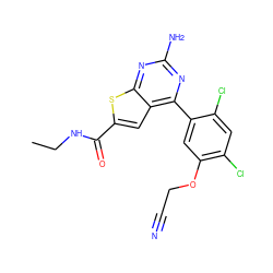 CCNC(=O)c1cc2c(-c3cc(OCC#N)c(Cl)cc3Cl)nc(N)nc2s1 ZINC000037246104