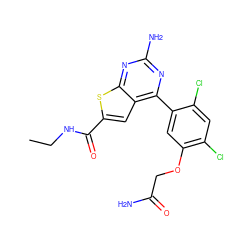 CCNC(=O)c1cc2c(-c3cc(OCC(N)=O)c(Cl)cc3Cl)nc(N)nc2s1 ZINC000037246119