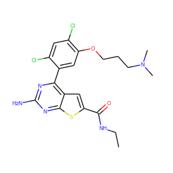 CCNC(=O)c1cc2c(-c3cc(OCCCN(C)C)c(Cl)cc3Cl)nc(N)nc2s1 ZINC000037246117