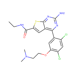 CCNC(=O)c1cc2c(-c3cc(OCCN(C)C)c(Cl)cc3Cl)nc(N)nc2s1 ZINC000037246115