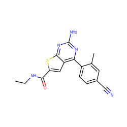 CCNC(=O)c1cc2c(-c3ccc(C#N)cc3C)nc(N)nc2s1 ZINC000037246114