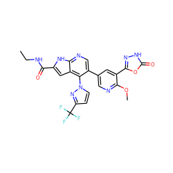 CCNC(=O)c1cc2c(-n3ccc(C(F)(F)F)n3)c(-c3cnc(OC)c(-c4n[nH]c(=O)o4)c3)cnc2[nH]1 ZINC000084687921