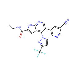 CCNC(=O)c1cc2c(-n3ccc(C(F)(F)F)n3)c(-c3cncc(C#N)c3)cnc2[nH]1 ZINC000084687919