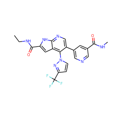 CCNC(=O)c1cc2c(-n3ccc(C(F)(F)F)n3)c(-c3cncc(C(=O)NC)c3)cnc2[nH]1 ZINC000084687918