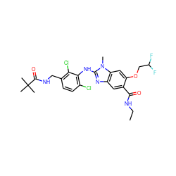 CCNC(=O)c1cc2nc(Nc3c(Cl)ccc(CNC(=O)C(C)(C)C)c3Cl)n(C)c2cc1OCC(F)F ZINC000169703121