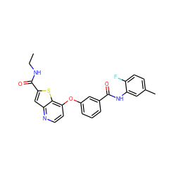 CCNC(=O)c1cc2nccc(Oc3cccc(C(=O)Nc4cc(C)ccc4F)c3)c2s1 ZINC000219991400