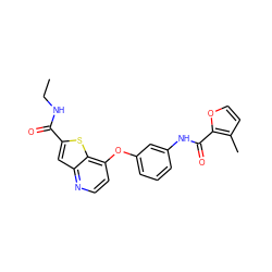 CCNC(=O)c1cc2nccc(Oc3cccc(NC(=O)c4occc4C)c3)c2s1 ZINC000219983118