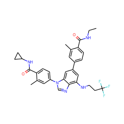 CCNC(=O)c1ccc(-c2cc(NCCC(F)(F)F)c3ncn(-c4ccc(C(=O)NC5CC5)c(C)c4)c3c2)cc1C ZINC000147695464