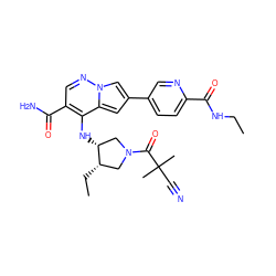 CCNC(=O)c1ccc(-c2cc3c(N[C@@H]4CN(C(=O)C(C)(C)C#N)C[C@@H]4CC)c(C(N)=O)cnn3c2)cn1 ZINC000261161545