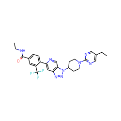 CCNC(=O)c1ccc(-c2cc3nnn(C4CCN(c5ncc(CC)cn5)CC4)c3cn2)c(C(F)(F)F)c1 ZINC001772610371