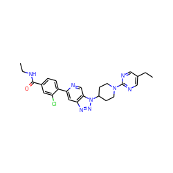 CCNC(=O)c1ccc(-c2cc3nnn(C4CCN(c5ncc(CC)cn5)CC4)c3cn2)c(Cl)c1 ZINC001772622574