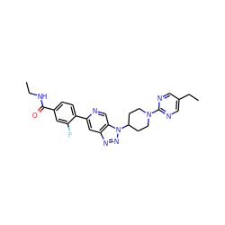 CCNC(=O)c1ccc(-c2cc3nnn(C4CCN(c5ncc(CC)cn5)CC4)c3cn2)c(F)c1 ZINC001772625148