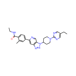 CCNC(=O)c1ccc(-c2cc3nnn(C4CCN(c5ncc(CC)cn5)CC4)c3cn2)cc1C ZINC001772641122