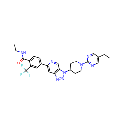 CCNC(=O)c1ccc(-c2cc3nnn(C4CCN(c5ncc(CC)cn5)CC4)c3cn2)cc1C(F)(F)F ZINC001772638463