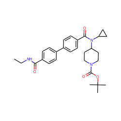 CCNC(=O)c1ccc(-c2ccc(C(=O)N(C3CC3)C3CCN(C(=O)OC(C)(C)C)CC3)cc2)cc1 ZINC000223658889