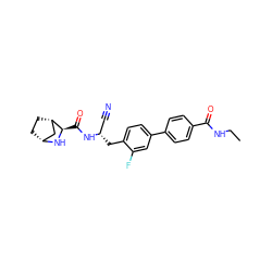 CCNC(=O)c1ccc(-c2ccc(C[C@@H](C#N)NC(=O)[C@H]3N[C@@H]4CC[C@H]3C4)c(F)c2)cc1 ZINC000219319925