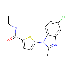 CCNC(=O)c1ccc(-n2c(C)nc3cc(Cl)ccc32)s1 ZINC000169701598