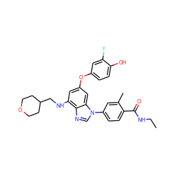 CCNC(=O)c1ccc(-n2cnc3c(NCC4CCOCC4)cc(Oc4ccc(O)c(F)c4)cc32)cc1C ZINC000147751660