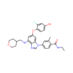 CCNC(=O)c1ccc(-n2cnc3c(NCC4CCOCC4)cc(Oc4ccc(O)cc4F)cc32)cc1C ZINC000147591038