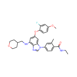 CCNC(=O)c1ccc(-n2cnc3c(NCC4CCOCC4)cc(Oc4ccc(OC)cc4F)cc32)cc1C ZINC000147575606