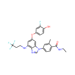 CCNC(=O)c1ccc(-n2cnc3c(NCCC(F)(F)F)cc(Oc4ccc(O)c(F)c4)cc32)cc1C ZINC000203531064