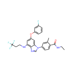 CCNC(=O)c1ccc(-n2cnc3c(NCCC(F)(F)F)cc(Oc4cccc(F)c4)cc32)cc1C ZINC000147561099