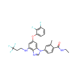 CCNC(=O)c1ccc(-n2cnc3c(NCCC(F)(F)F)cc(Oc4cccc(F)c4F)cc32)cc1C ZINC000147564961