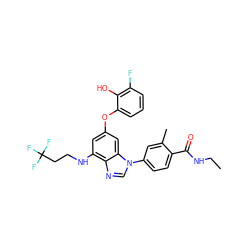 CCNC(=O)c1ccc(-n2cnc3c(NCCC(F)(F)F)cc(Oc4cccc(F)c4O)cc32)cc1C ZINC000203530559