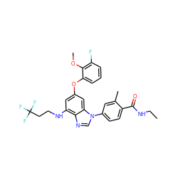 CCNC(=O)c1ccc(-n2cnc3c(NCCC(F)(F)F)cc(Oc4cccc(F)c4OC)cc32)cc1C ZINC000147561645