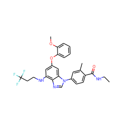 CCNC(=O)c1ccc(-n2cnc3c(NCCC(F)(F)F)cc(Oc4ccccc4OC)cc32)cc1C ZINC000203531983