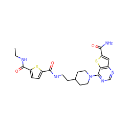 CCNC(=O)c1ccc(C(=O)NCCC2CCN(c3ncnc4cc(C(N)=O)sc34)CC2)s1 ZINC000095592606