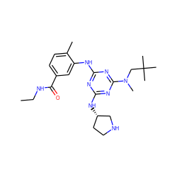 CCNC(=O)c1ccc(C)c(Nc2nc(N[C@H]3CCNC3)nc(N(C)CC(C)(C)C)n2)c1 ZINC000028635173