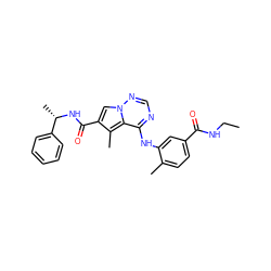 CCNC(=O)c1ccc(C)c(Nc2ncnn3cc(C(=O)N[C@@H](C)c4ccccc4)c(C)c23)c1 ZINC000064426602