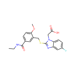 CCNC(=O)c1ccc(OC)c(CSc2nc3cc(F)ccc3n2CC(=O)O)c1 ZINC000084655167