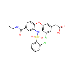 CCNC(=O)c1ccc(Oc2cc(Cl)cc(CC(=O)O)c2)c(NS(=O)(=O)c2ccccc2Cl)c1 ZINC000049745536