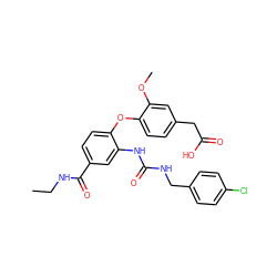 CCNC(=O)c1ccc(Oc2ccc(CC(=O)O)cc2OC)c(NC(=O)NCc2ccc(Cl)cc2)c1 ZINC000073220847