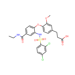 CCNC(=O)c1ccc(Oc2ccc(CCC(=O)O)cc2OC)c(NS(=O)(=O)c2ccc(Cl)cc2Cl)c1 ZINC000049680174